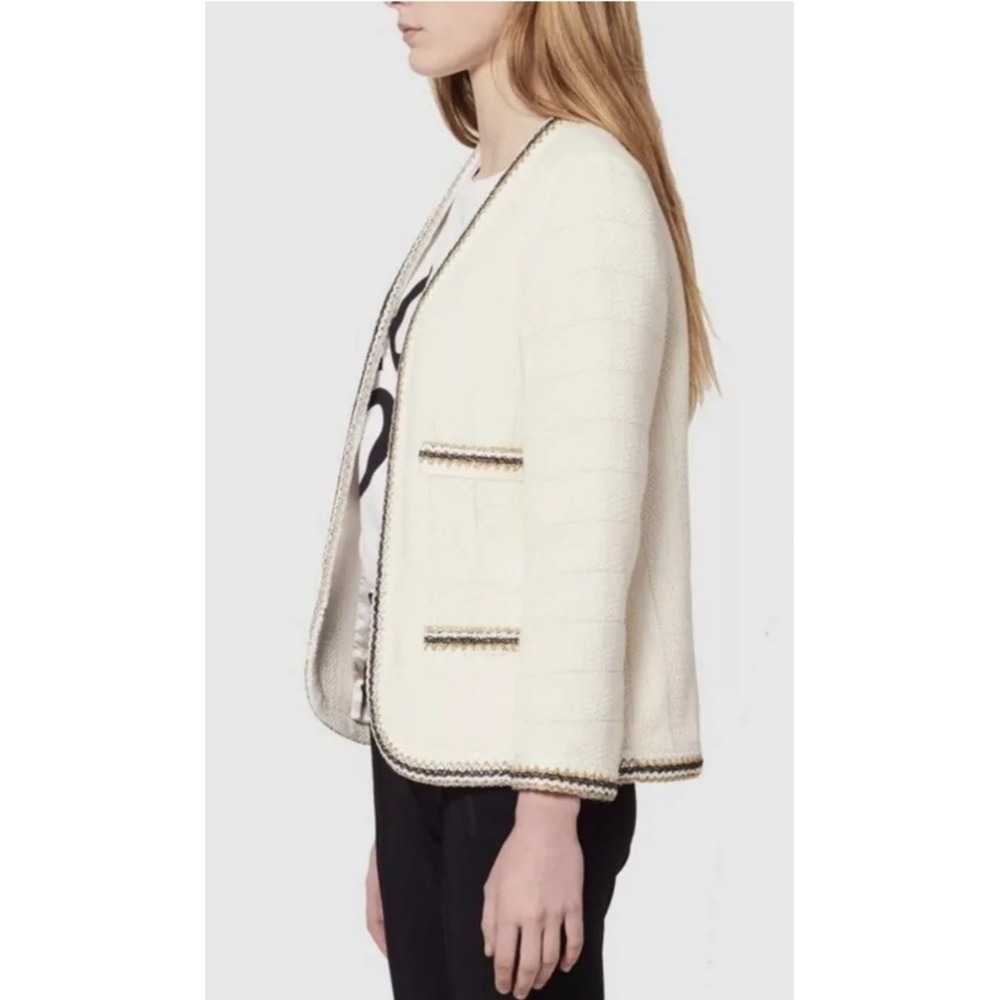 Sandro Paris Cream Cotton Tweed Cardigan Jacket Gold Braid Trim Blazer Womens